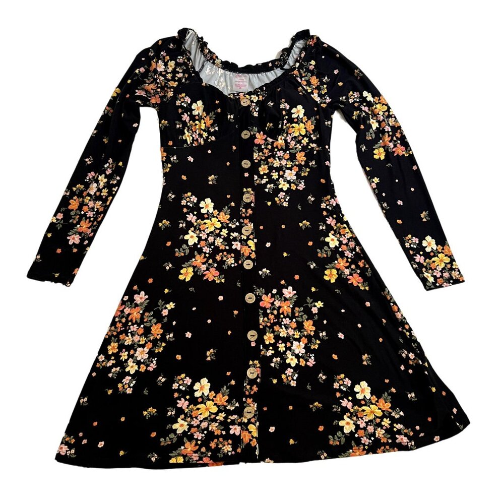 No Boundaries Floral Black Dress Long Sleeve Button Size Small Casual Fall NWOT